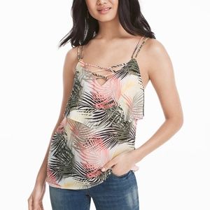 White House Black Market Palm Print Lace-Up Cami Top Blouse Large